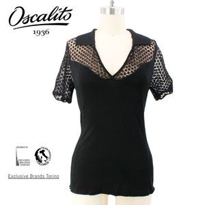 Oscalito Black Knit Lace Top Filo Scozia Italian Cotton Crochet Trim S